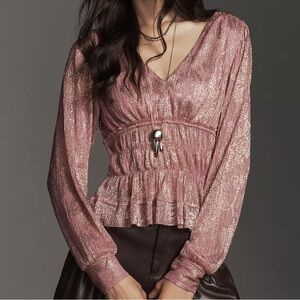 NWT Anthropologie Metallic Smocked Pink Long Sleeve Top‎ Size S